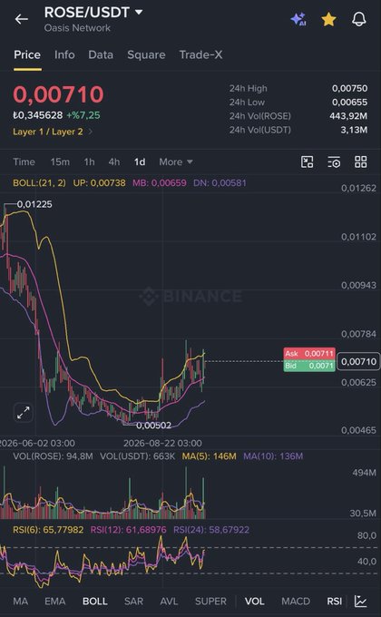 A Binance trading chart for ROSE/USDT on the Oasis Network shows the current price at 0.00710, having climbed 7.25%, with technical indicators including Bollinger Bands, Moving Averages, Volume, and RSI displayed across the 1-day timeframe. The post highlights ROSE as a privacy coin that has been consolidating, suggesting a breakout above the $0.0075 resistance could push the price toward $0.012, $0.015, and eventually $0.020.