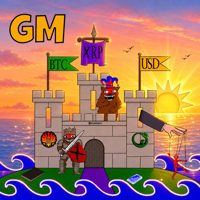 A colorful cartoon castle scene labeled 'GM' with flags for 'BTC', 'XRP', and 'USD', featuring a bear in a jester hat, a knight, and a puppet-like devil figure, with 'Persevere' written on the castle.