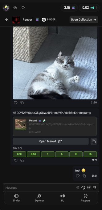 A mobile screenshot showing a social feed featuring a cat image with the text 'Meowt' and its token contract 'HSGCVT2FWQutxSg68WzTPbnmzWPuVBkhFeSiHmspump', with options to buy SOL.