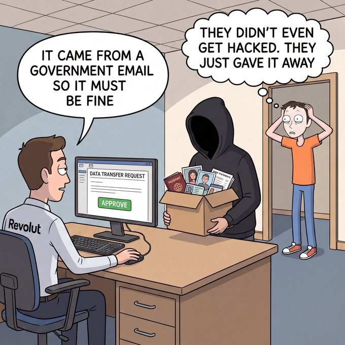 A cartoon showing a Revolut employee at a computer with a "Data Transfer Request - Approve" prompt saying "It came from a government email so it must be fine," while a hooded figure takes a box of passports and documents, and a bystander thinks "They didn't even get hacked. They just gave it away."