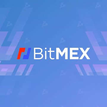 The BitMEX logo displayed on a blue and purple gradient background with a subtle pattern of letters.