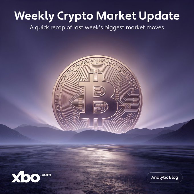 A 'Weekly Crypto Market Update' graphic from xbo.com featuring a large golden Bitcoin coin against a moonlit landscape with mountain silhouettes.
