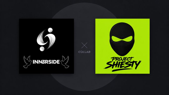 The image displays a collaboration announcement featuring two logo squares side by side with a "COLLAB" marker between them: a black square with the white "INN3RSIDE" logo and bird graphics on the left, and a bright green square with a black ski-mask icon and "PROJECT SHIESTY" text on the right. This visually represents the partnership between INN3RSIDE and Project Shiesty highlighted in the accompanying post.