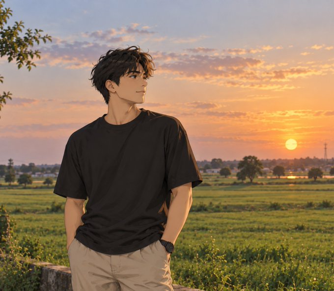 An anime-style illustration of a young man in a black t-shirt and beige pants standing in a grassy field at sunset.