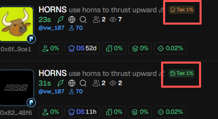Screenshot showing two HORNS tokens on a cryptocurrency platform, both labeled 'HORNS use horns to thrust upward', with red boxes highlighting a 'Tax 1%' badge on each listing.