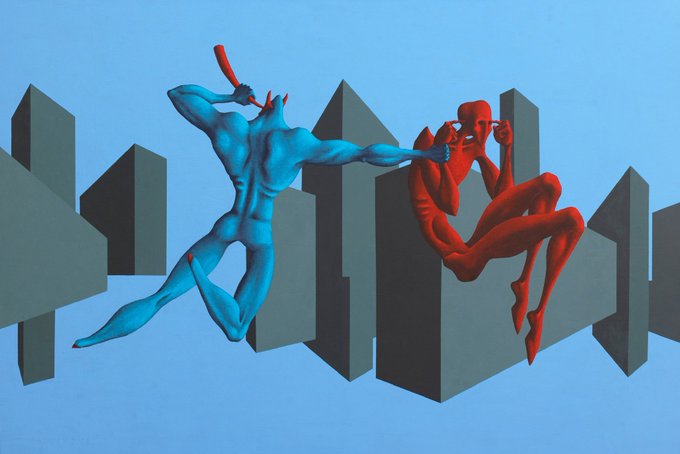 A muscular blue figure lunges with a red weapon at a cowering red figure perched on gray geometric blocks against a light blue sky.