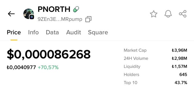 A screenshot of the cryptocurrency tracker page for the token "PNORTH" (with ticker shown as 9ZEn3E...MRpump), showing a price of $0.000086268 (£0.004097, up 70.57%), a market cap of £3.96M, 24H volume of £2.98M, 645 holders, and top 10 holders controlling 43.7%. The image likely serves as evidence of a profitable crypto call, aligning with the post's boast about making high-multiple returns on various memecoin recommendations.