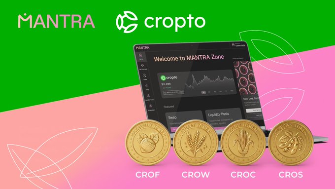 The image showcases a partnership between MANTRA and Cropto, featuring the MANTRA Zone platform interface on a laptop with four gold coins labeled CROP, CROW, CROC, and CROS representing agricultural real-world assets (RWAs). This visual ties directly to the announcement of bringing traditional agricultural markets onchain through tokenized commodities.