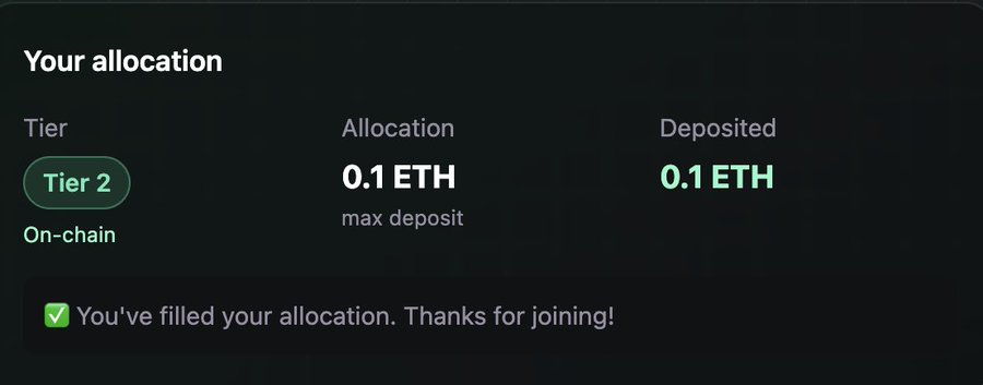 A screenshot showing a "Your allocation" dashboard confirming a completed 0.1 ETH Tier 2 on-chain deposit, matching the user's post about filling their max allocation. The interface displays the allocation tier, deposited amount, and a confirmation message reading "You've filled your allocation. Thanks for joining!"