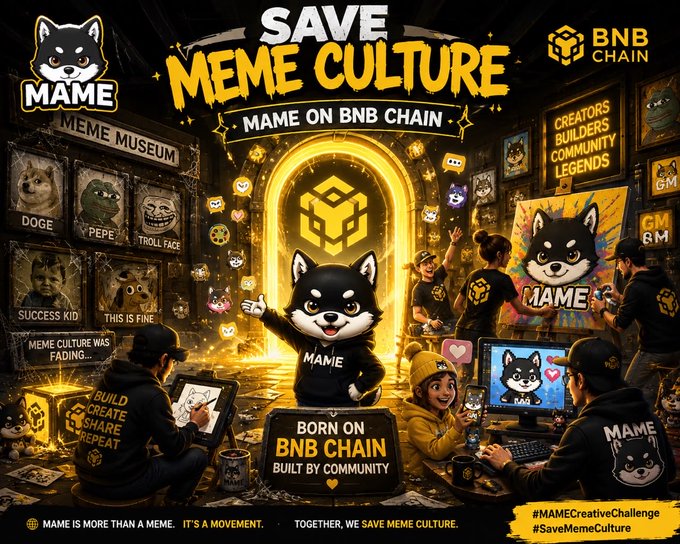 A promotional graphic for 'MAME ON BNB CHAIN' with the slogan 'SAVE MEME CULTURE', featuring a husky mascot and a meme museum wall with classic memes like DOGE, PEPE, and TROLL FACE.