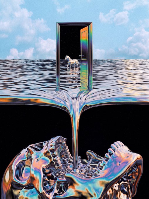 A surreal artistic image featuring an open door on a vast body of water with a white horse standing in the doorway, while iridescent liquid pours down into a colorful crystalline structure below.