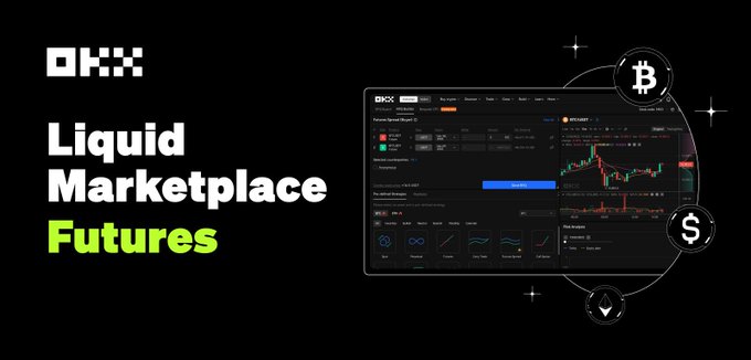 A promotional banner for OKX featuring the text 'Liquid Marketplace Futures' alongside a screenshot of a crypto trading interface with BTC and ETH icons.
