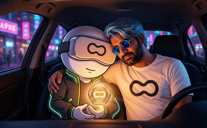 A digital illustration of a man and a character wearing a VR headset sitting in a car at night, with the character holding a glowing infinity symbol and the man wearing a t-shirt with the same symbol.