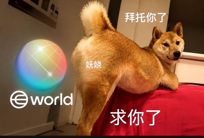 A meme featuring a Shiba Inu dog on a red cushion, with Chinese text ('拜托你了', '妖娆', '求你了') labeling parts of the dog, alongside a rainbow globe logo and 'world' branding.