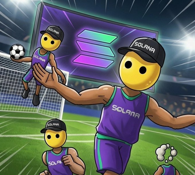 Cartoon Solana mascots in purple jerseys and "SOLANA" branded caps play soccer on a stadium field in front of a large Solana logo screen, with one figure shown as a hand-held bobblehead. The whimsical sports scene mirrors the post's lighthearted tone of multitasking with both the new algorithm and Solana.