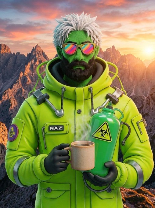 A green-skinned character with white hair and reflective sunglasses wears a neon green hazmat suit featuring a "NAZ" name tag and biohazard symbol, holding a steaming mug and a green canister against a mountain sunset backdrop—matching the "gm" post with a radioactive twist.