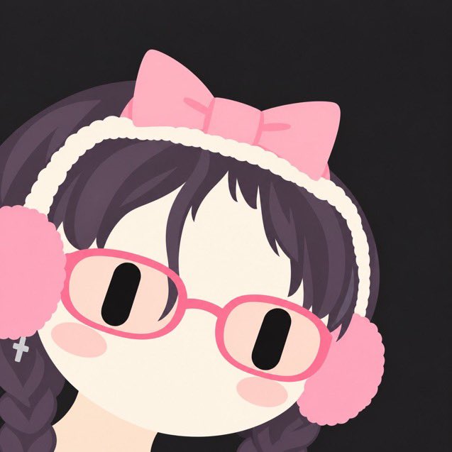 An anime-style character with purple hair, pink fluffy earmuffs, a pink bow, and pink glasses against a dark background.