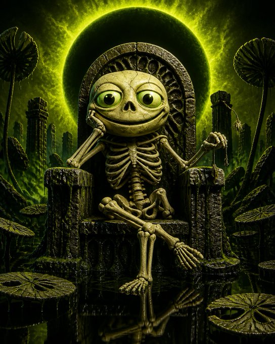 A whimsical green-toned digital illustration features a cartoon skeleton with large eyes sitting on a throne, holding strings like a puppeteer against a glowing green eclipse background.