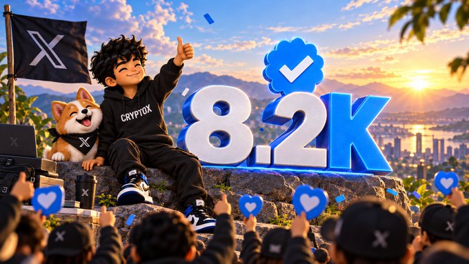 The image depicts a celebratory milestone scene featuring a young man in a "CRYPTOX" hoodie sitting triumphantly on a cliff beside a corgi, both giving thumbs up, with a large "8.2K" and a verified blue checkmark beside them. The crowd below waving blue heart-shaped signs mirrors the post's message of gratitude for reaching 8.2K followers, symbolizing community appreciation and ongoing growth.