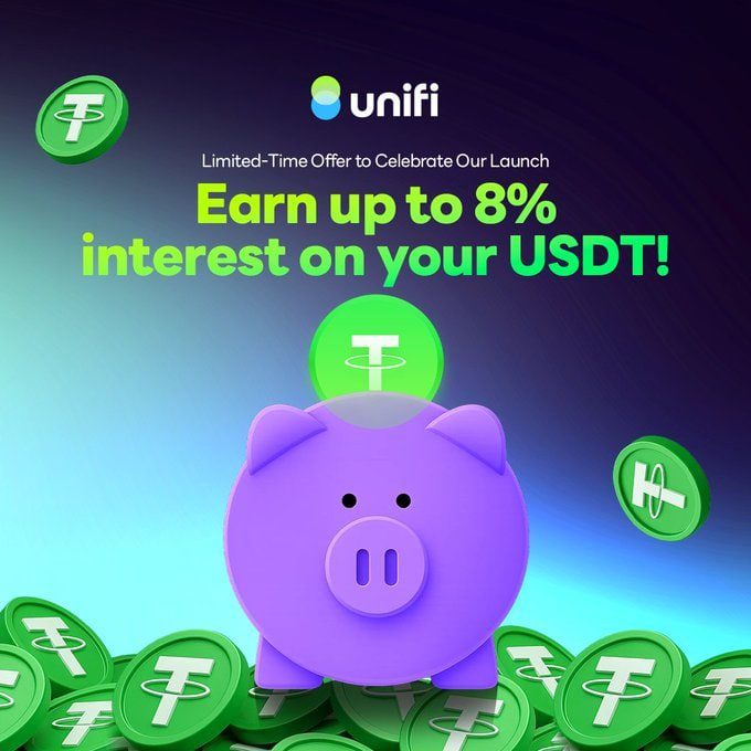 A piggy bank with green and purple colors sits atop a pile of golden coins, surrounded by the Bitcoin logo at its base. The post encourages users to invest their time in a Bitcoin project called Unifi, which offers an opportunity to earn 8% interest on your USDT investment.