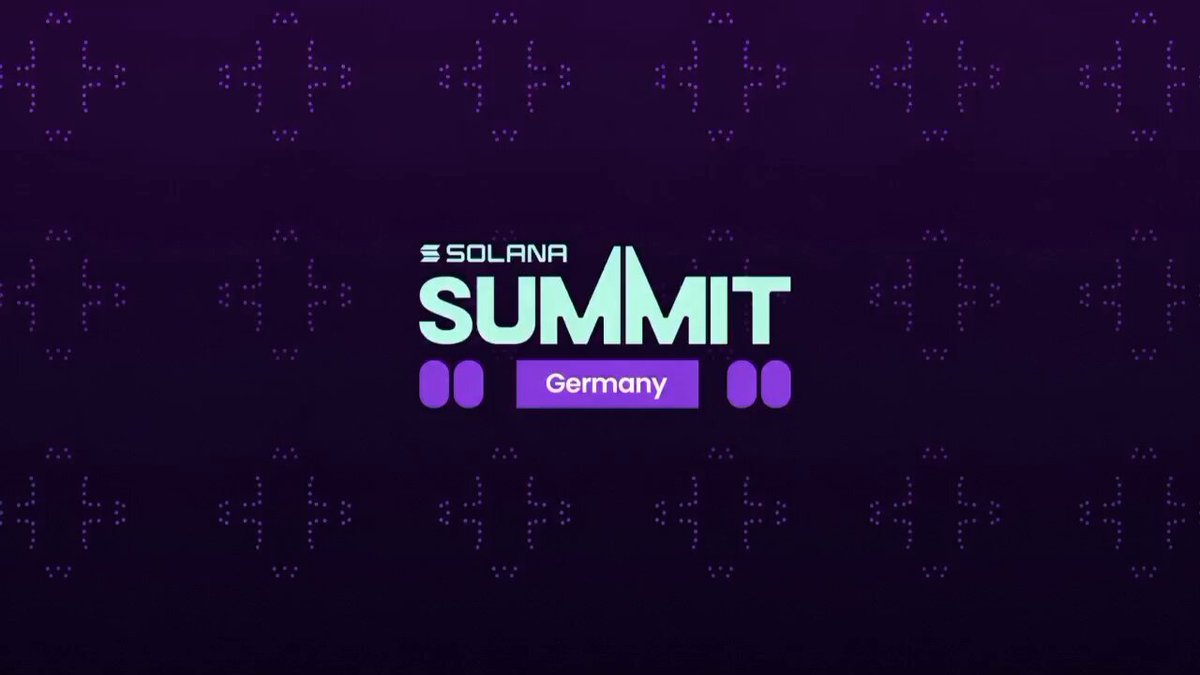 The image features a purple banner with white text that says "SOLANA SUMMIT Germany" written in green letters. The background of the banner has a patterned design consisting of circles, squares, and lines in various shades of purple. The text is positioned at the bottom center of the banner, making it stand out against the purple backdrop.
