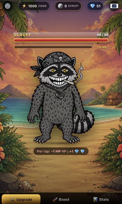 Screenshot of a mobile game showing a grey raccoon character named 'SCRUFF' on a tropical beach with stats including 1000/1000 energy, 51 diamonds, and health of 8K/8K.