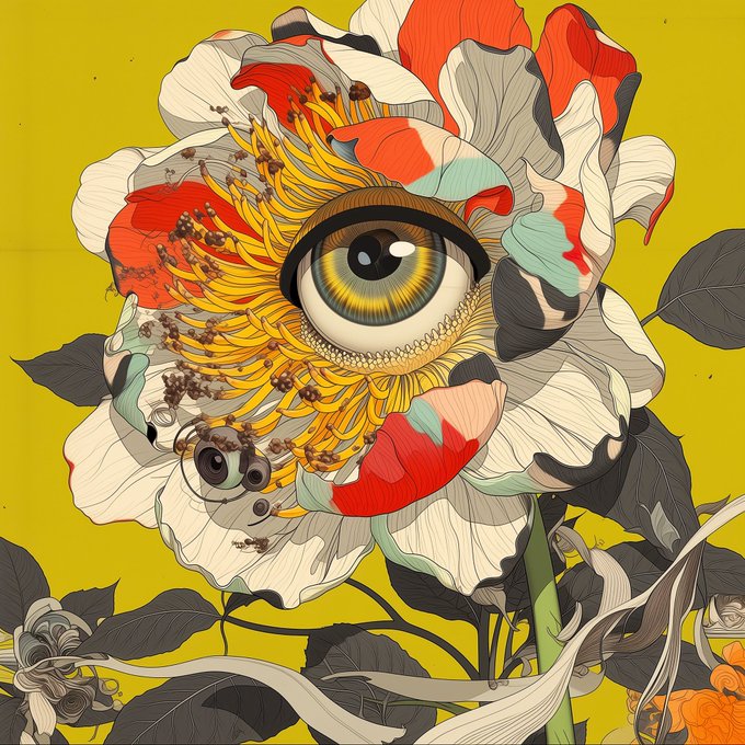 A surreal artistic illustration of a large white and red flower with a realistic human eye embedded in its center, set against a yellow background.
