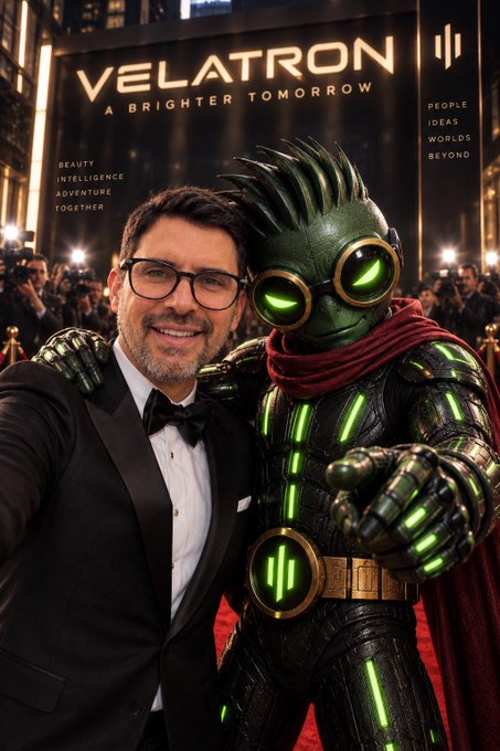 A man in a tuxedo poses next to a green spiky-haired character in armor with glowing green eyes at a red carpet event for 'VELATRON - A BRIGHTER TOMORROW', with taglines including 'BEAUTY INTELLIGENCE ADVENTURE TOGETHER' and 'PEOPLE IDEAS WORLDS BEYOND'.