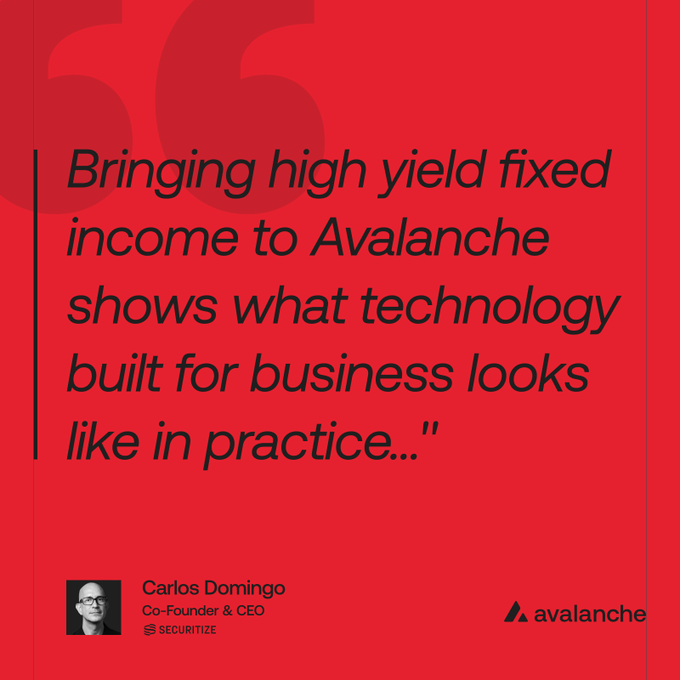 Red quote graphic from Carlos Domingo, Co-Founder & CEO of Securitize, stating 'Bringing high yield fixed income to Avalanche shows what technology built for business looks like in practice...', with the Avalanche logo.