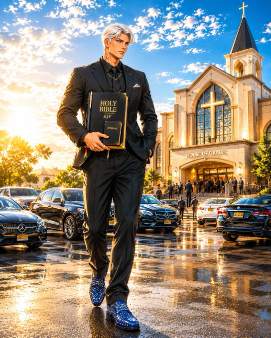 An anime-style illustration of a silver-haired man in a black suit holding a Holy Bible KJV, standing in front of a church labeled 'HOUSE OF GRACE' with luxury cars parked nearby.