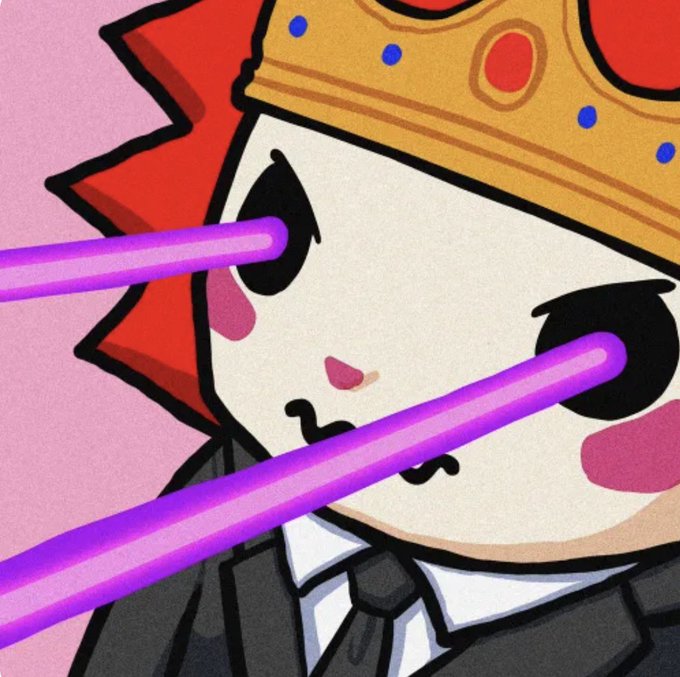 A stylized cartoon character wearing a golden crown and a black suit with a tie, with purple laser beams shooting out of their eyes against a pink background.