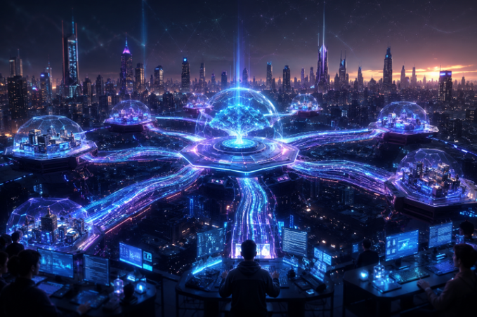 A futuristic sci-fi cityscape at night featuring glowing domes, neon-lit skyscrapers, and interconnected networks of light viewed from behind a workstation.