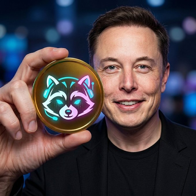 The image shows Elon Musk holding up a glowing neon raccoon token against a dark bokeh background. The post uses his likeness to promote "$TPI" (Trash Panda Intel) presale, inviting viewers to send SOL to the listed wallet address to buy in before "big news" drops.