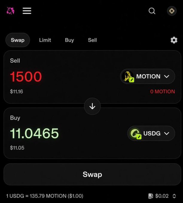 A cryptocurrency swap interface showing the sale of 1500 MOTION tokens for 11.0465 USDG, with a rate of 1 USDG = 135.79 MOTION ($1.00) and a fee of $0.02.