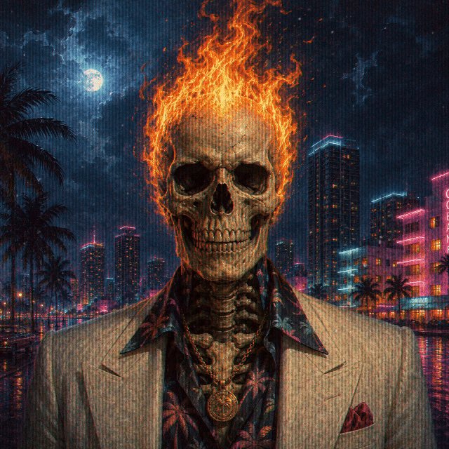 The image features a skull with an orange flame coming out of its head, standing against a dark background that includes buildings and neon lights. There are also palm trees visible in the scene. The caption reads "Gn! NPC #210".