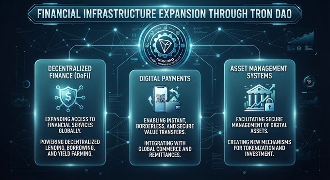 An infographic titled 'FINANCIAL INFRASTRUCTURE EXPANSION THROUGH TRON DAO' detailing three pillars: Decentralized Finance (DeFi), Digital Payments, and Asset Management Systems.