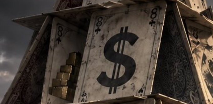 A 3D illustration of a structure made entirely of playing cards, featuring a large dollar sign and stacks of gold bars inside.