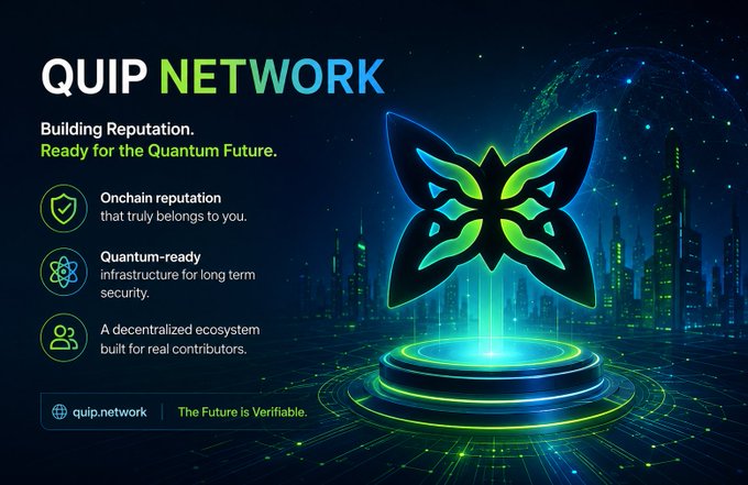 A futuristic promotional graphic for 'QUIP NETWORK' with a glowing green butterfly logo, advertising 'Onchain reputation', 'Quantum-ready' infrastructure, and a decentralized ecosystem.
