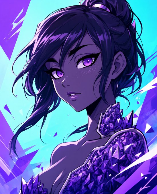 Anime-style digital art of a purple-skinned female character with glowing purple eyes and crystalline purple armor against a cyan and purple background.