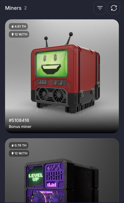 A screenshot of a crypto mining marketplace interface titled 'Miners 2', displaying a red retro-TV-shaped miner (#5108416 'Bonus miner', 4.61 TH, 12 W/TH) with a green smiley screen, and a partial view of a purple 'LEVEL UP' miner below.