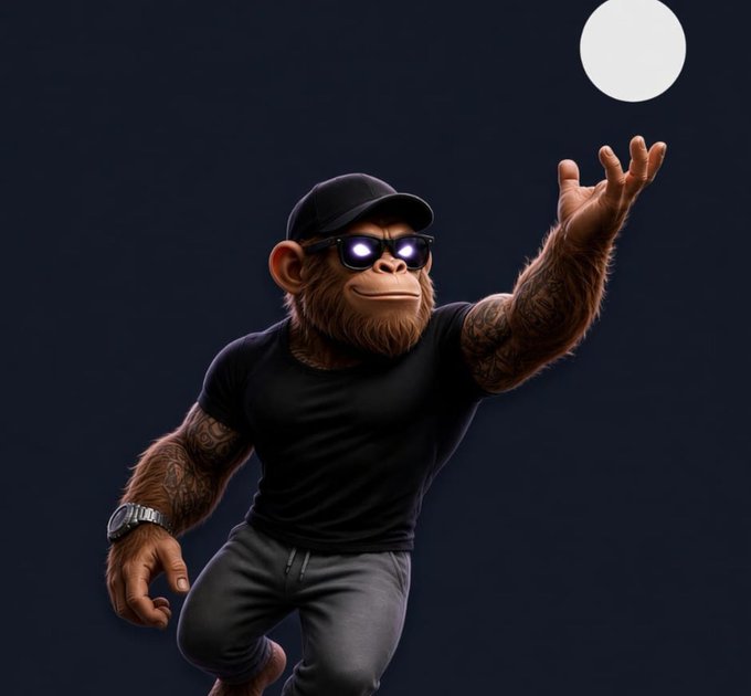 A digital illustration of a chimpanzee wearing a black cap, sunglasses, and black t-shirt, with one arm raised toward a white circle against a dark blue background.