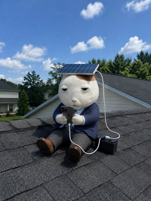 An AI-generated image of a white cat wearing a business suit sitting on a rooftop, holding a smartphone connected by a white cable to a solar panel mounted on its head, with a power bank resting beside it.