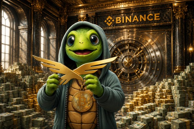 A hooded green turtle mascot wearing a Bitcoin medallion holds a golden Binance logo inside an ornate vault overflowing with cash stacks, visually reinforcing the post's pitch to earn $WLFI rewards (~5.56% APR) by holding the #USD1 stablecoin from @worldlibertyfi in a Binance Spot account.
