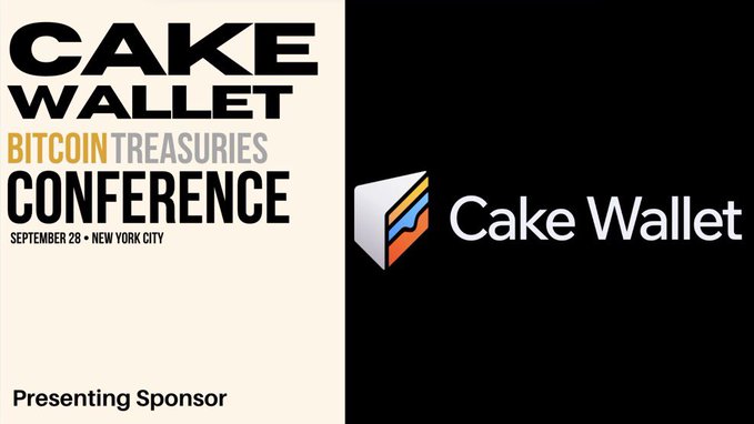 Promotional graphic for the Cake Wallet Bitcoin Treasuries Conference on September 28 in New York City, where Cake Wallet is the Presenting Sponsor.