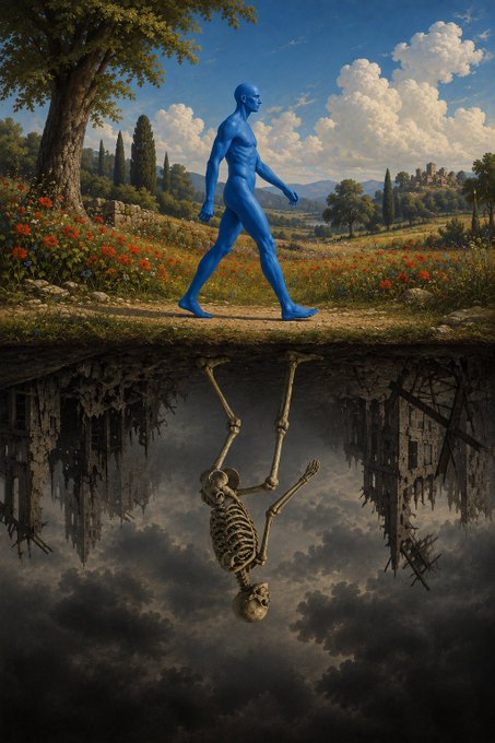 A blue, bald humanoid figure walks through a scenic landscape, while a skeletal reflection walks upside down in a dark mirror below.