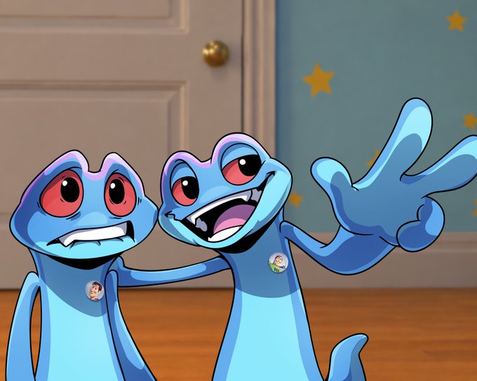 Two cartoon blue lizard-like characters with pink eyes and name badges standing in a room with star-decorated walls.