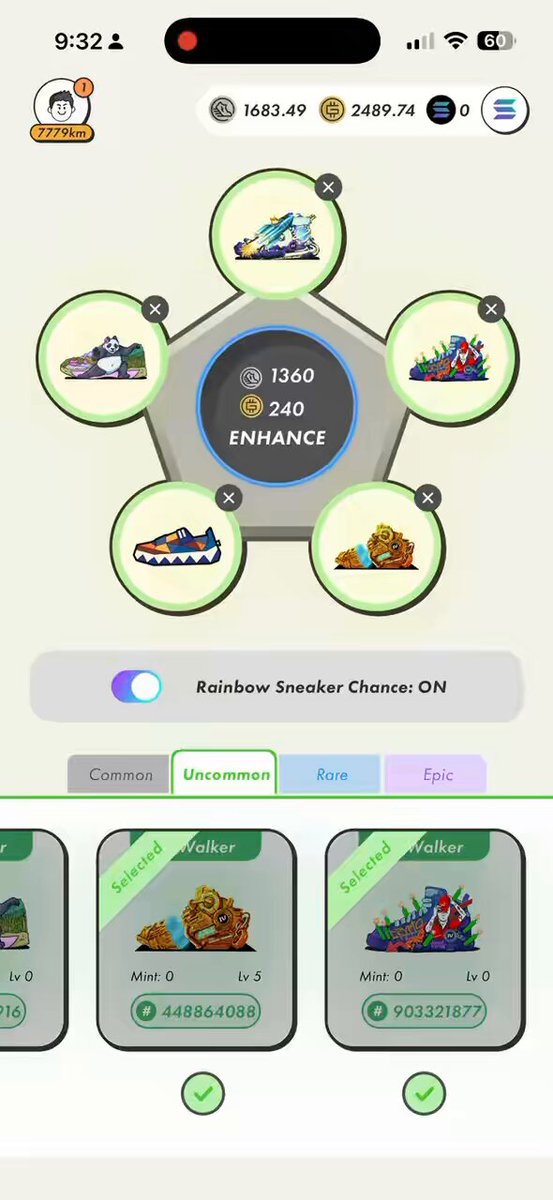 A phone screen displays a graph with numbered circles around each other, likely showing different options or choices for an enhancement process. The numbers on the circles range from 1 through 6. In addition to these circles of numbers, there are also options labeled "Undermine", "Rainbow Shaker", and "Rainbow Sneakers".