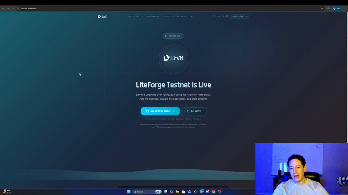 The image shows a computer screen displaying a website called "LiteForge Testnet Live". The website appears to be related to cryptocurrency or blockchain technology, as indicated by its name. A man can be seen sitting behind the computer monitor, possibly watching the live stream of Litecoin Testnet. The image also contains text that reads: "Shout-out to all the decentralized freedom fam & teams cooking on LiteVM's LiteForge testnet! First Month: >50m Tx ... 2.5m Wallets ... 40 dApps deployed high-level overview of all the dApps building, and some quick eco updates." This text suggests that there is a live stream featuring information about Litecoin Testnet and its features or projects.