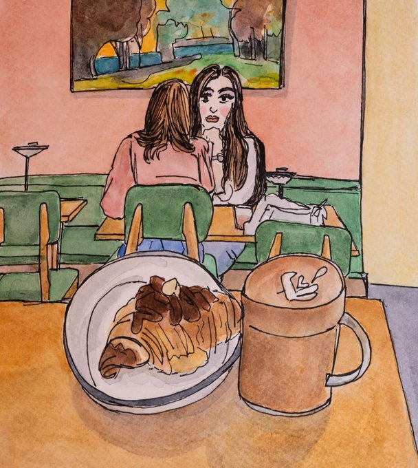 A watercolor-style illustration showing two women at a restaurant table, with a plate of food and a mug of coffee/latte in the foreground.