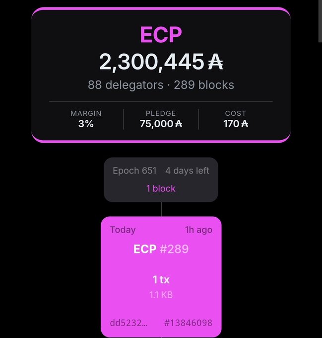 A dashboard for an ECP stake pool showing 2,300,445 ₳ from 88 delegators across 289 blocks, with a 3% margin, 75,000 ₳ pledge, and 170 ₳ cost.